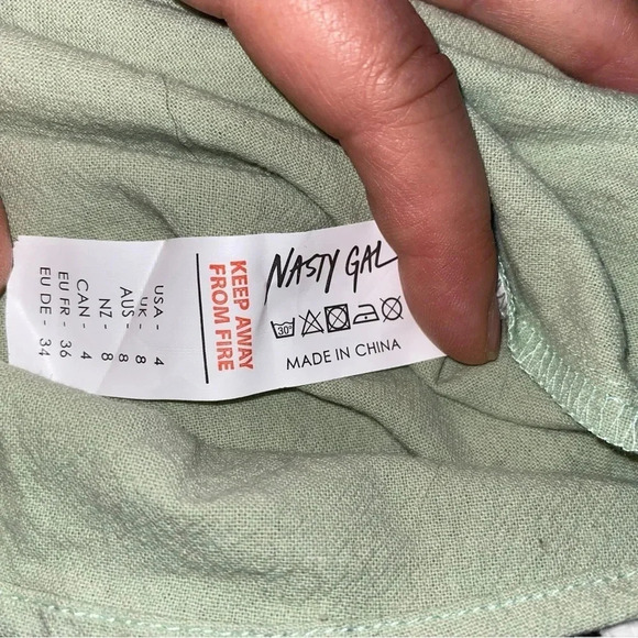 New Nasty Gal sage green puff sleeve Linen Look mini Cute Soft Girl Party Dress - Picture 8 of 8